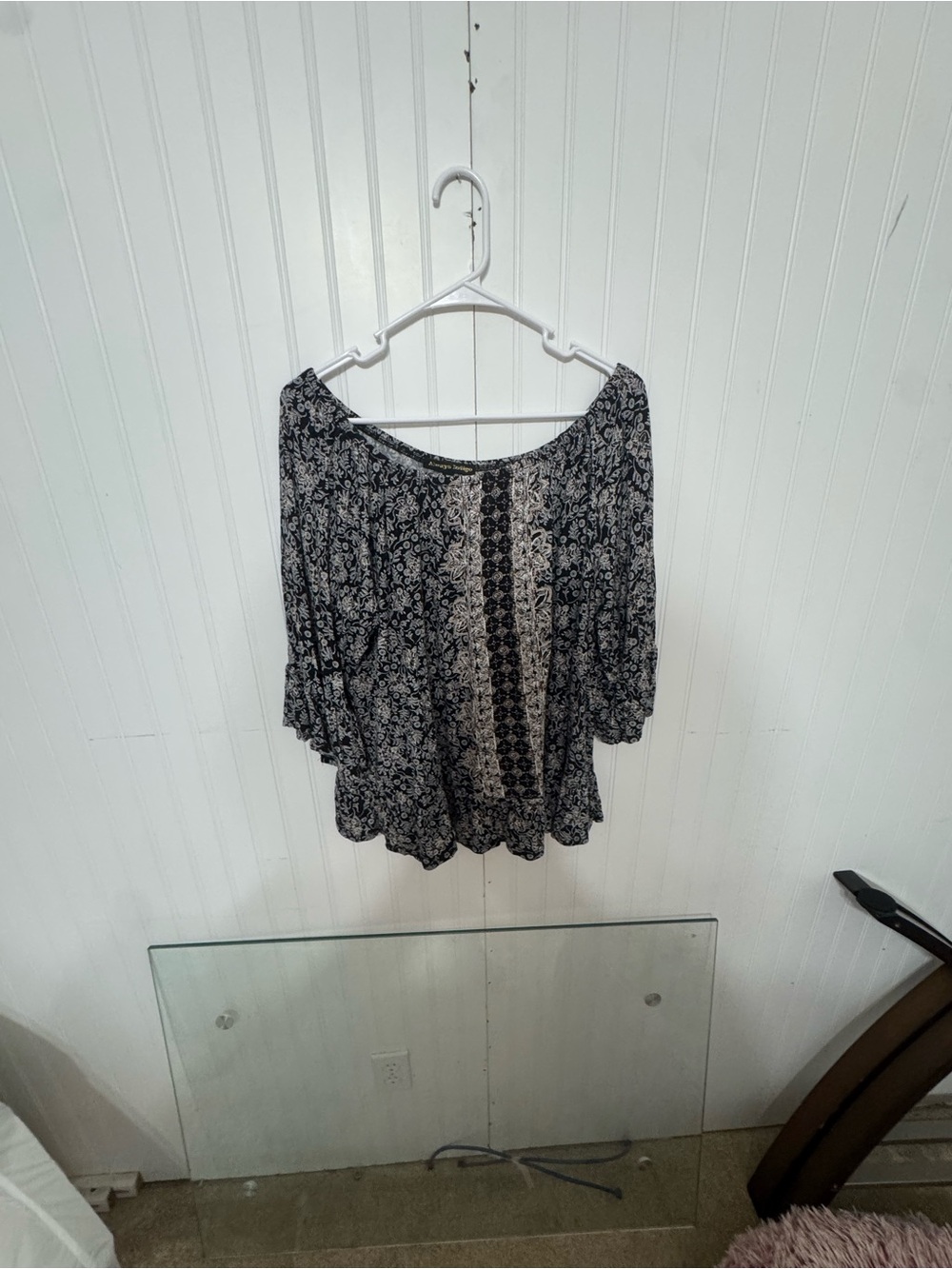 Womens Black and Cream Floral Off-Shoulder Peasant Blouse